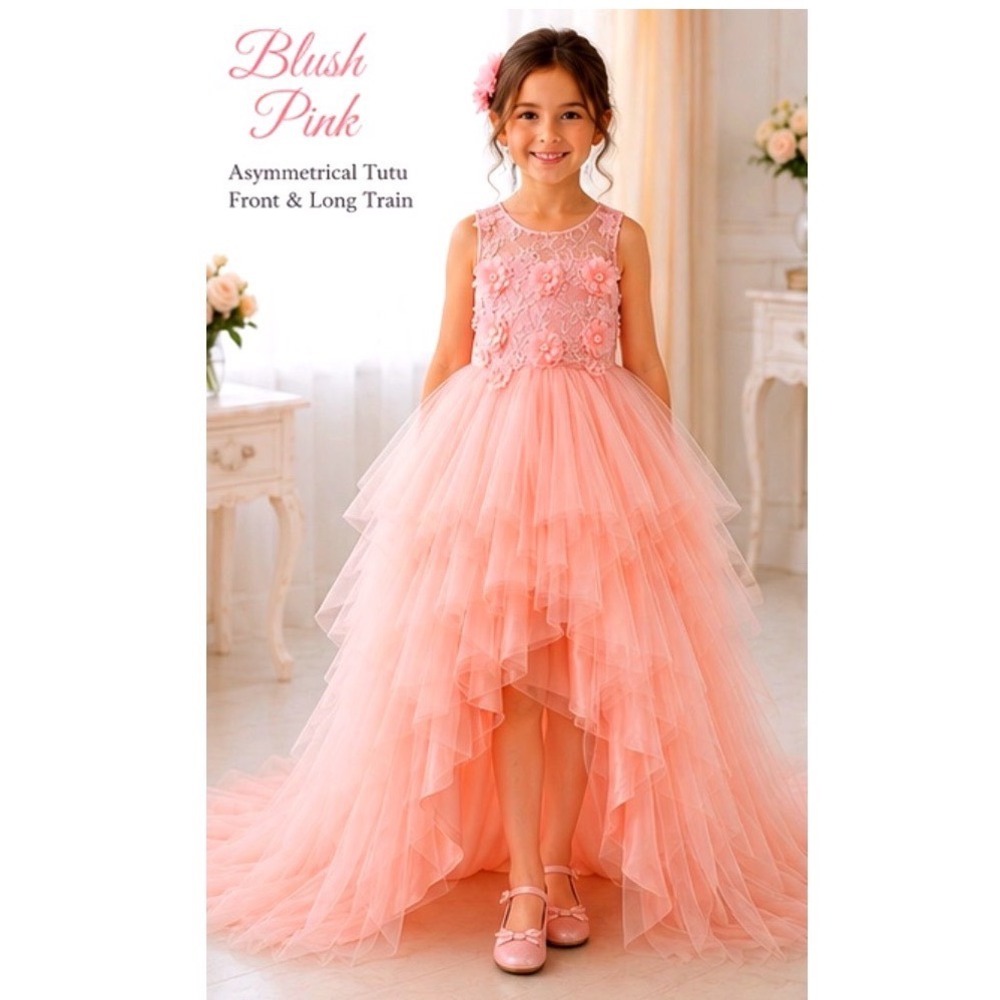 Girls Blush Pink‎ High Low Flower Girl Dress Lace Tulle Pageant Wedding Train